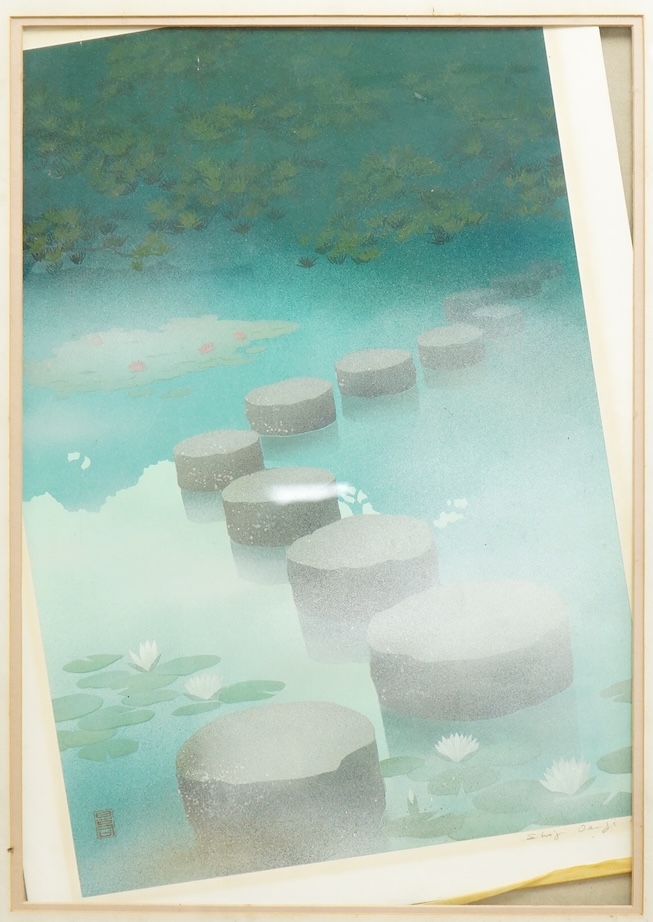 Shoji Osugi (b.1945), ‘Stepping stones’, signed and dated 1980, Japanese woodblock print, loose within the frame, 46 x 32cm